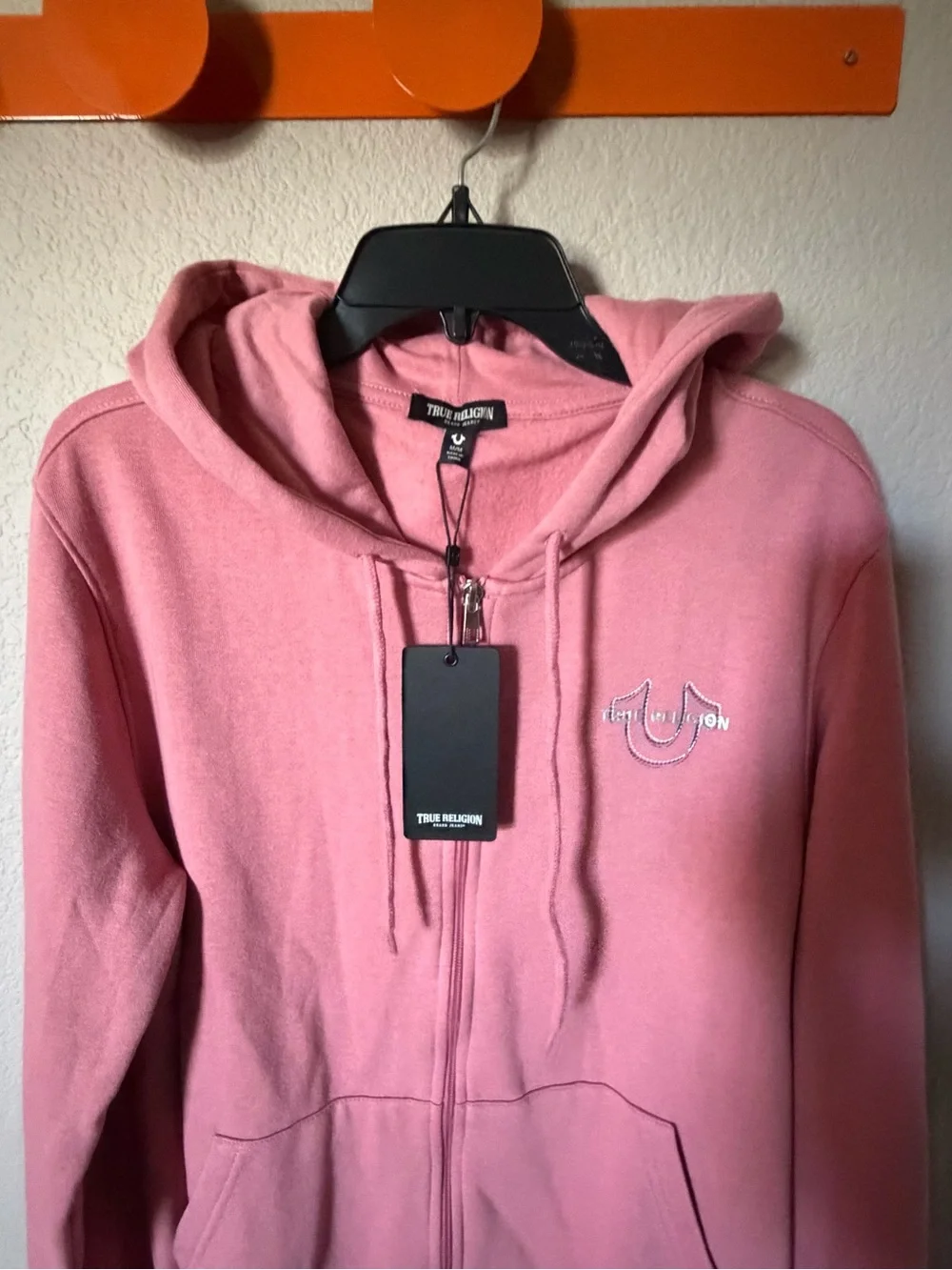 TRUE RELIGION Mens Medium Zip Up Hoodie Pink Brandied Apricot Pockets NWT $118